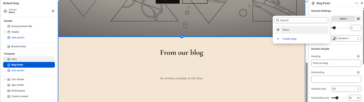 Blog Posts page preview showing centered heading, subheading, and a 3-column grid of article cards each with featured image, title, date, author, excerpt, and Read more link