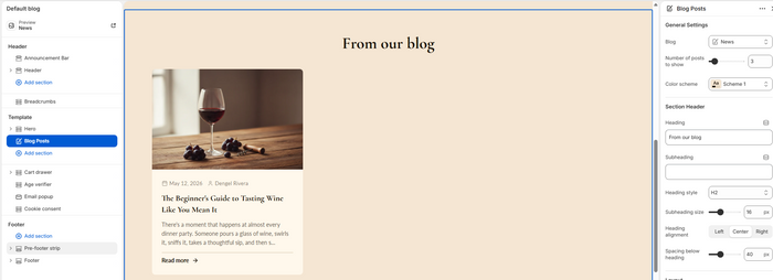 Theme editor page selector showing the Default blog template option