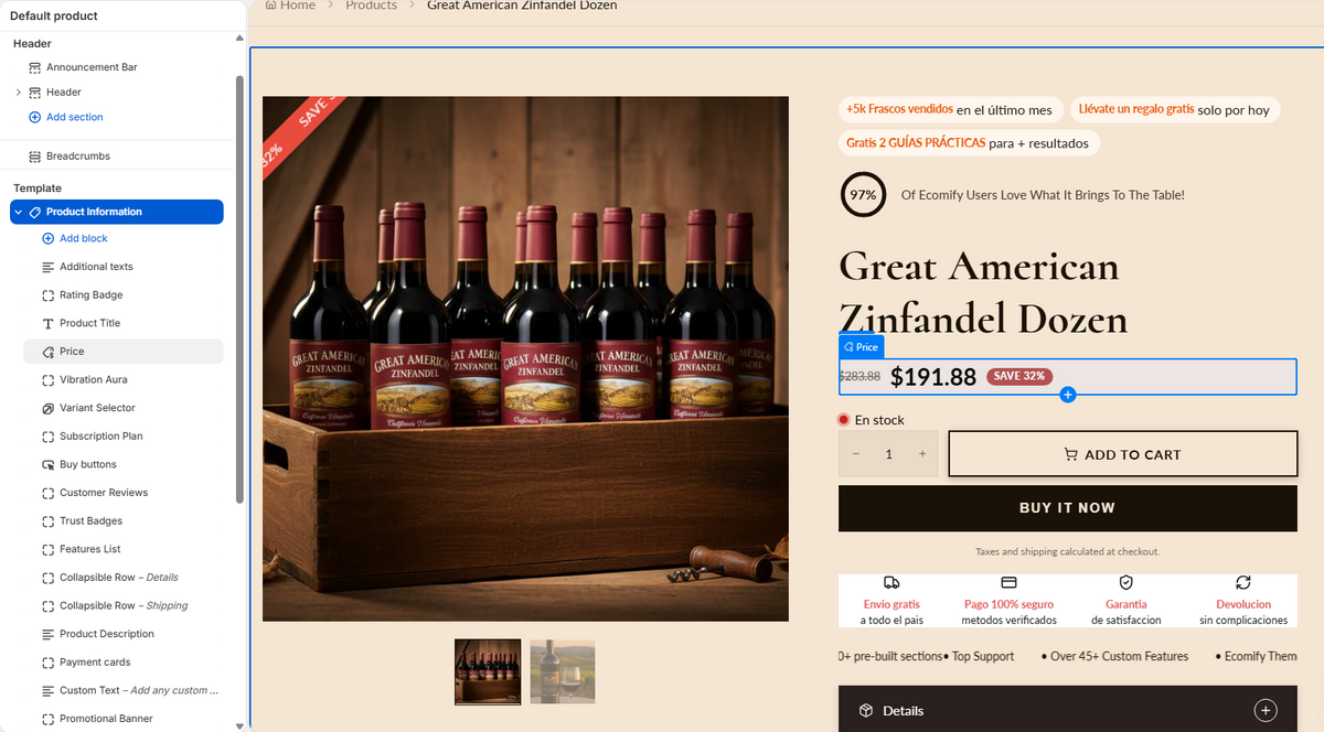 Product page preview showing product gallery with main image and thumbnails on the left, and product title, rating, price, variant swatches, features list, Add to Cart button, promo banner, and collapsible rows for shipping and details on the right