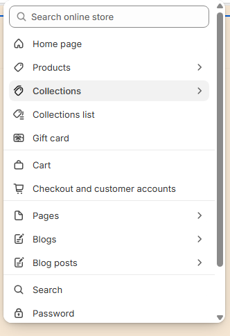 Collection page preview showing a 4-column grid of product cards with filter sidebar on the left, sort dropdown, and pagination at the bottom