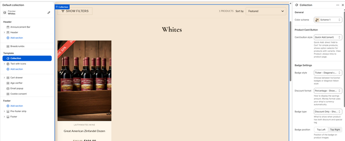 Theme editor page selector showing the Default collection template option