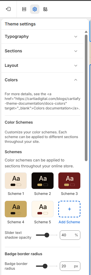 Theme editor → Theme Settings → Colors panel showing color scheme group and badge color settings